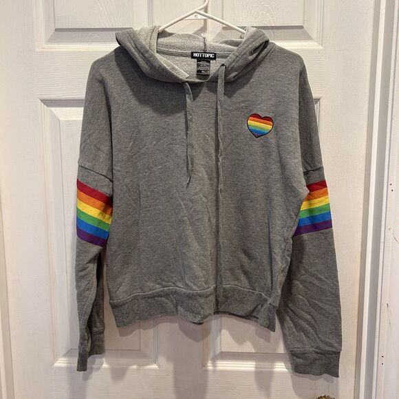 Hot Topic Gray Rainbow Striped‎ Hoodie Women’s Size XL Pride - Picture 1 of 5
